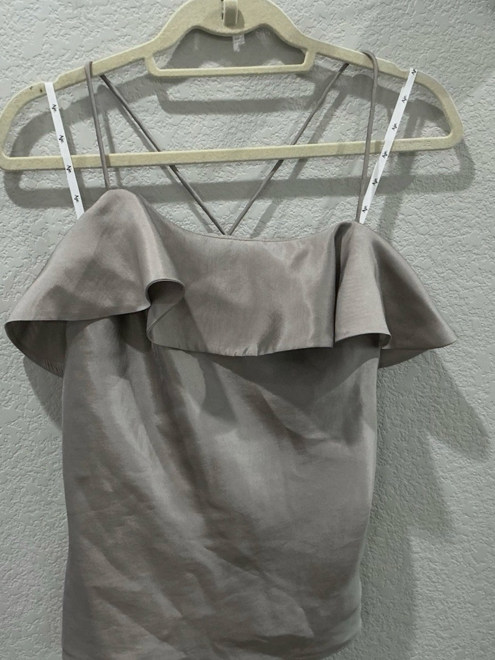 Aje. Gray Satin Cami Top Ruffle Tie Straps Sleeveless Spaghetti Neck Sz 12